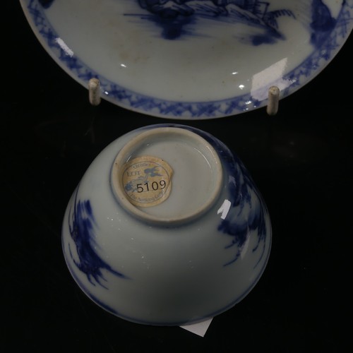 160 - A Nanking Cargo Chinese porcelain blue and white Tea Bowl and Saucer, with pagoda river landscape sc... 