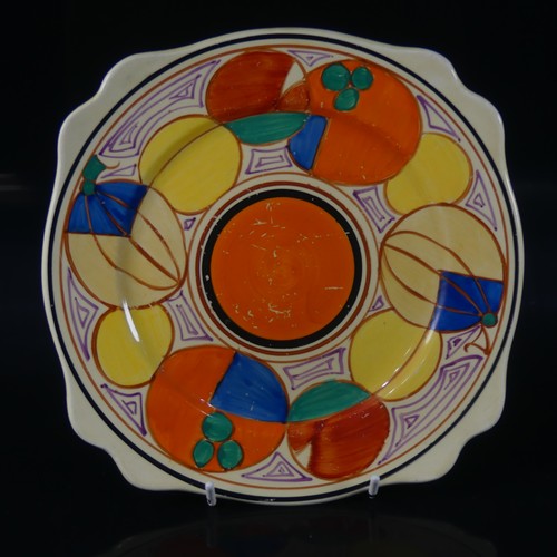 107 - A Clarice Cliff Fantasque 'Melon' pattern Leda Plate, decorated in bright colours and abstracted fru... 