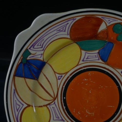 107 - A Clarice Cliff Fantasque 'Melon' pattern Leda Plate, decorated in bright colours and abstracted fru... 