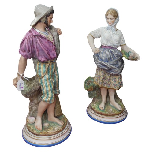 113 - A pair of early 20thC Continental porcelain bisque Figures, of large proportions, one modelled as a ... 