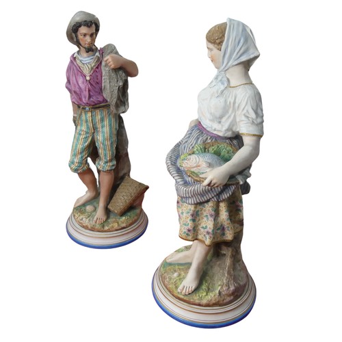 113 - A pair of early 20thC Continental porcelain bisque Figures, of large proportions, one modelled as a ... 