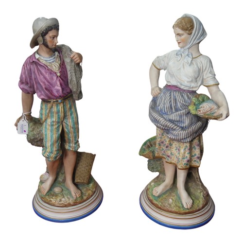 113 - A pair of early 20thC Continental porcelain bisque Figures, of large proportions, one modelled as a ... 