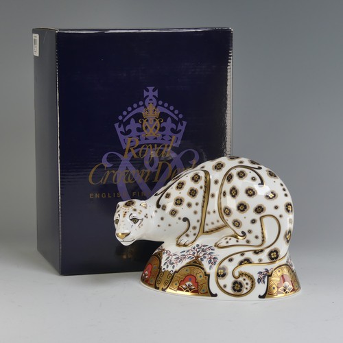 122 - A Royal Crown Derby 'Snow Leopard' Paperweight, with gold stopper and box.