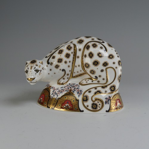 122 - A Royal Crown Derby 'Snow Leopard' Paperweight, with gold stopper and box.