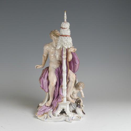 134 - A 19thC Continental porcelain Figure, of classical style, depicting a nude male draped in purple clo... 