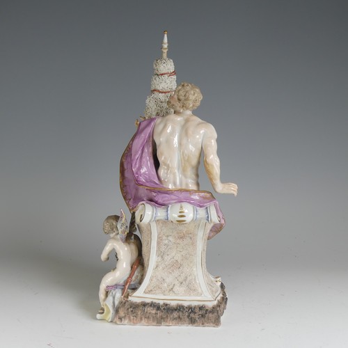 134 - A 19thC Continental porcelain Figure, of classical style, depicting a nude male draped in purple clo... 