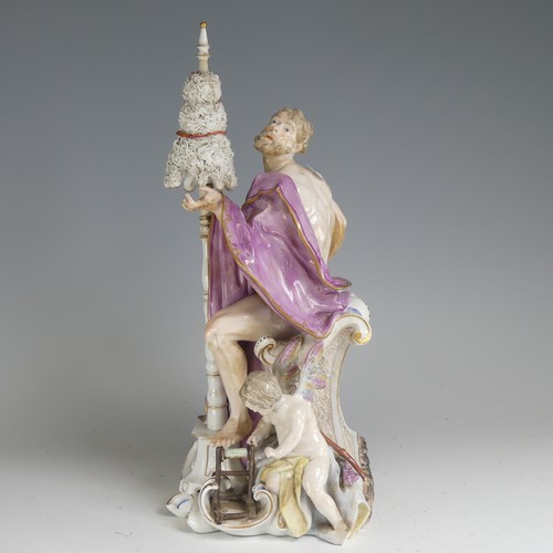 134 - A 19thC Continental porcelain Figure, of classical style, depicting a nude male draped in purple clo... 