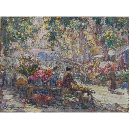 231 - Victor Louis Cuguen (French, 1882-1969), The Flower Market, oil on board, signed, gallery label vers... 