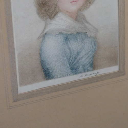 233 - Louis Henry Dupont (1896-1967), Portrait of a Young Woman in blue blouse, coloured stipple engraving... 