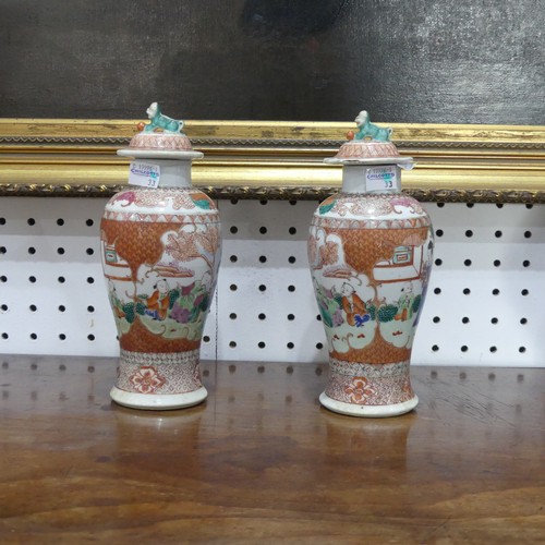 140 - A pair of 19th century Chinese hand painted porcelain Vases, both with lids, H 21 cm, together with ... 