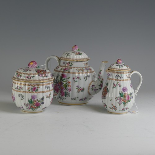 150 - A French Armorial three piece Tea Set, in the Chinese famille rose style, of lobed form, including T... 