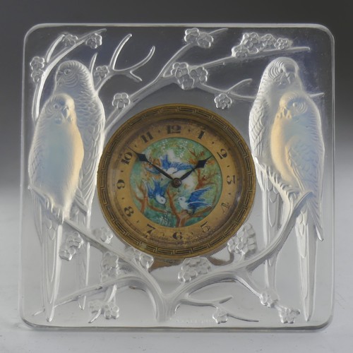 96 - René Lalique, a ‘Les Inseperables’ clear and blue opalescent frosted glass easel clock, model 765, c... 