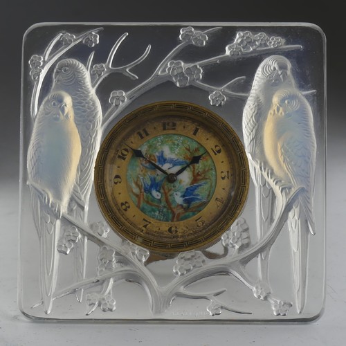 96 - René Lalique, a ‘Les Inseperables’ clear and blue opalescent frosted glass easel clock, model 765, c... 