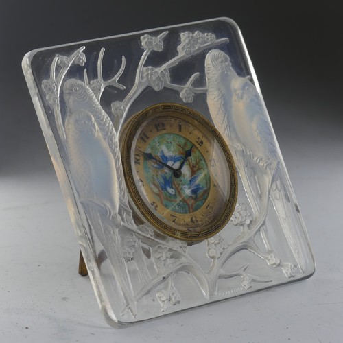 96 - René Lalique, a ‘Les Inseperables’ clear and blue opalescent frosted glass easel clock, model 765, c... 