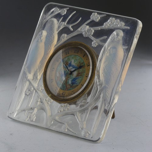 96 - René Lalique, a ‘Les Inseperables’ clear and blue opalescent frosted glass easel clock, model 765, c... 