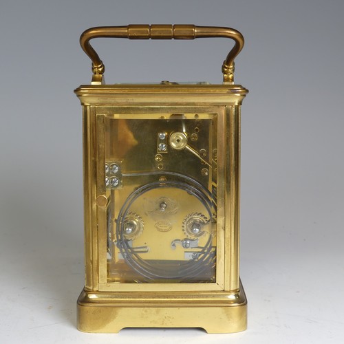 650 - A French repeater carriage clock striking on a gong, the movement back plate stamped Patent Surety P... 