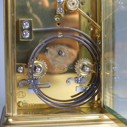 650 - A French repeater carriage clock striking on a gong, the movement back plate stamped Patent Surety P... 