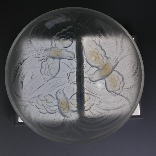 109 - A Jobling Lambton bird pattern opalescent glass Bowl, raised on three relief depictions of flying bi... 