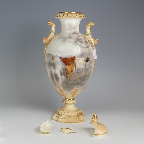 101 - John Stinton for Royal Worcester; a twin-handled Vase, of baluster form, finely painted with cattle ... 