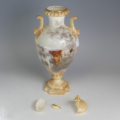 101 - John Stinton for Royal Worcester; a twin-handled Vase, of baluster form, finely painted with cattle ... 