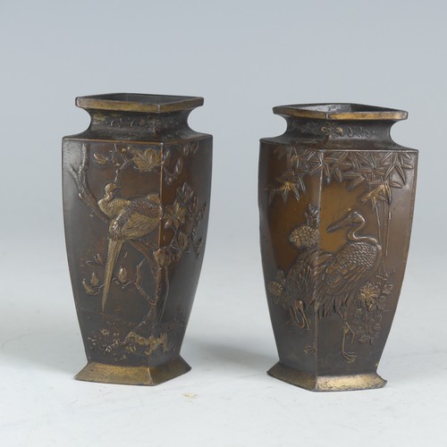 155 - A pair of Japanese Meiji period bronze Vases, of small proportions and diamond shaped, decorated wit... 