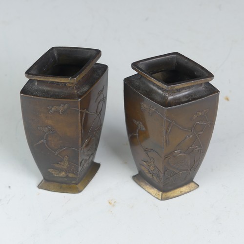 155 - A pair of Japanese Meiji period bronze Vases, of small proportions and diamond shaped, decorated wit... 