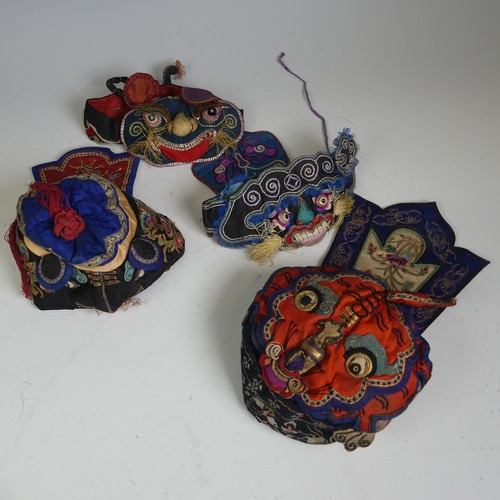 166 - Early 20th century, Qing Dynasty, Chinese silk embroidery: two children's Festival Hats, one emblema... 