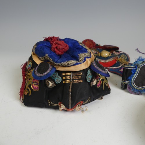 166 - Early 20th century, Qing Dynasty, Chinese silk embroidery: two children's Festival Hats, one emblema... 