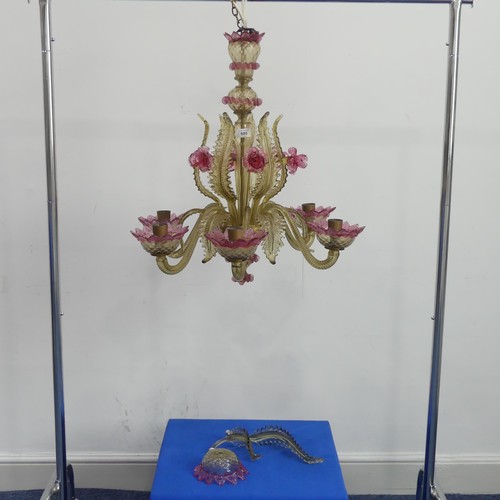 695 - A 20th century Venetian Glass pink and gold-tinted Chandelier, with six scrolled branches, daffodils... 