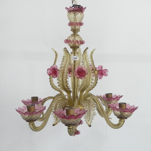 695 - A 20th century Venetian Glass pink and gold-tinted Chandelier, with six scrolled branches, daffodils... 