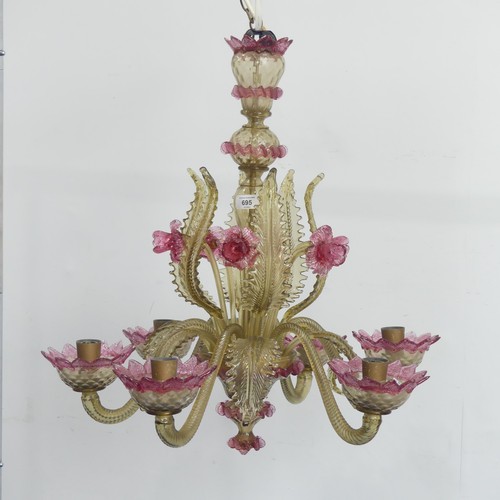 695 - A 20th century Venetian Glass pink and gold-tinted Chandelier, with six scrolled branches, daffodils... 