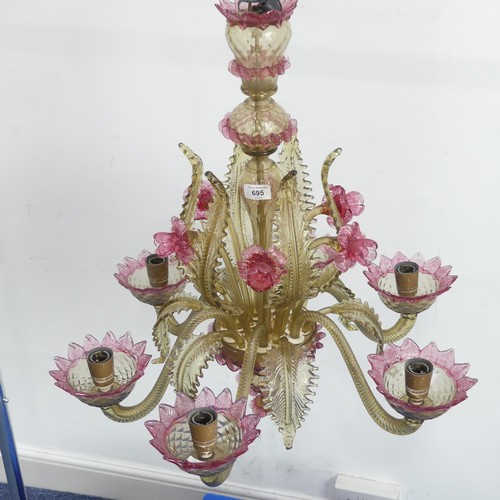 695 - A 20th century Venetian Glass pink and gold-tinted Chandelier, with six scrolled branches, daffodils... 