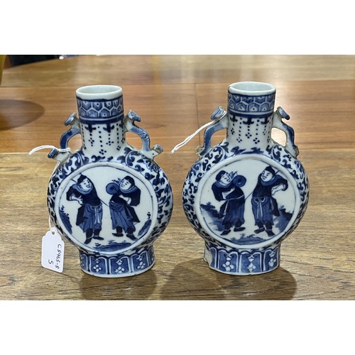 163 - A pair of Chinese blue and white porcelain Moon Vases, with central depiction of two figures, enclos... 