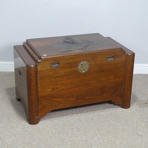 513 - A Chinese Camphorwood Chest, the top carved with a Junk, circa 1930s/40s, with lock and keys, W 91 c... 