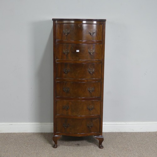 527 - A tall reproduction mahogany Chest of drawers, the serpentine front with six drawers, raised on cabr... 