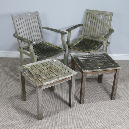 536 - A pair of weathered teak garden Armchairs, W 60 cm x H 86 cm x D 52 cm, together with a pair of comp... 