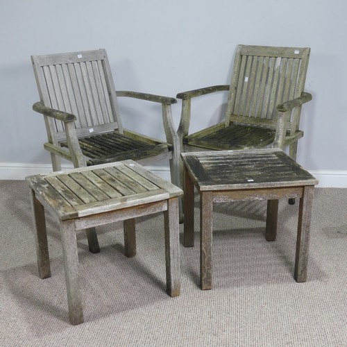 536 - A pair of weathered teak garden Armchairs, W 60 cm x H 86 cm x D 52 cm, together with a pair of comp... 