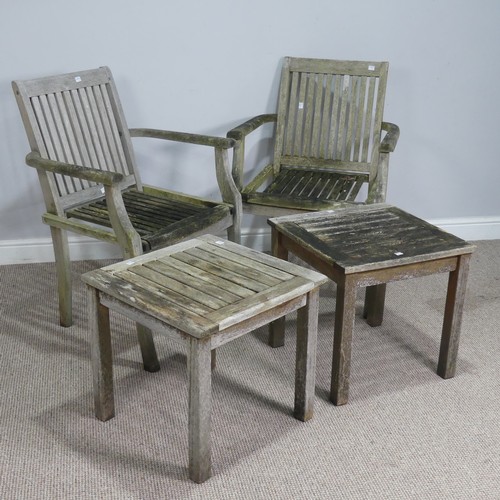 536 - A pair of weathered teak garden Armchairs, W 60 cm x H 86 cm x D 52 cm, together with a pair of comp... 