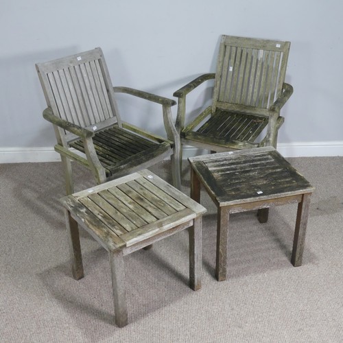 536 - A pair of weathered teak garden Armchairs, W 60 cm x H 86 cm x D 52 cm, together with a pair of comp... 