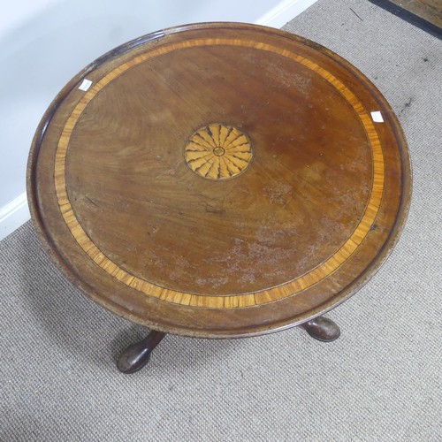 539 - A 19th century mahogany inlaid tilt-top wine Table, raised on tripod cabriole base and pad feet, W 6... 