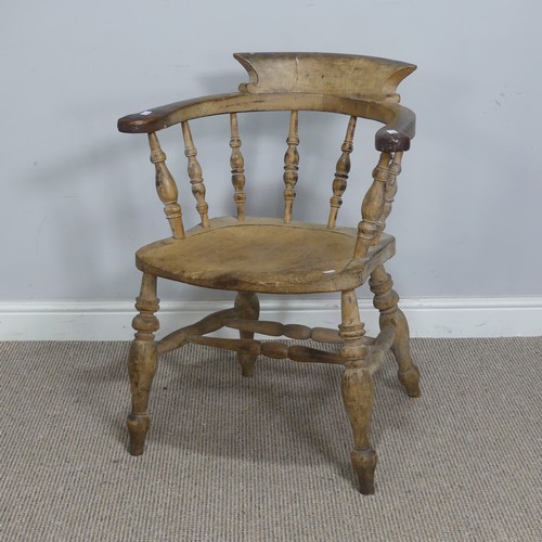 547 - An early 20th century ash and elm smokers bow Armchair, raised on turned supports, W 63.5 cm x H 80 ... 