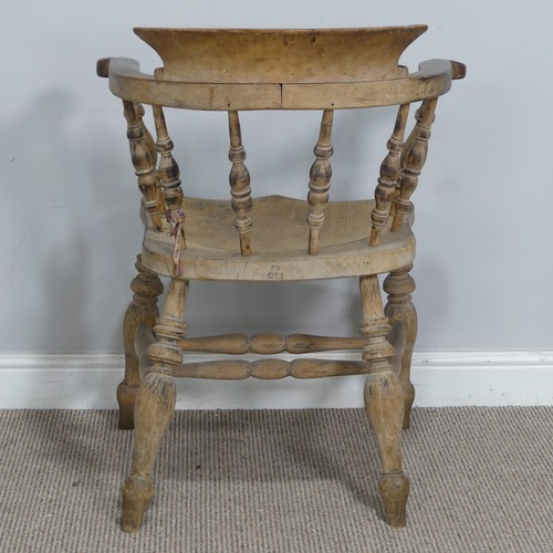 547 - An early 20th century ash and elm smokers bow Armchair, raised on turned supports, W 63.5 cm x H 80 ... 