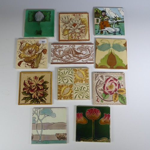 A quantity of Arts and Crafts and Art Nouveau Tiles, two stamped to the reverse 'L.&B.T', 11 in total.