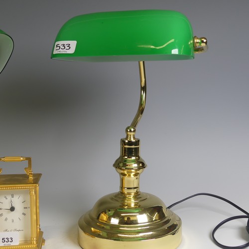 533 - A pair of contemporary Lloytron banker's style table Lamps, with green glass swivel shades, H 37 cm,... 