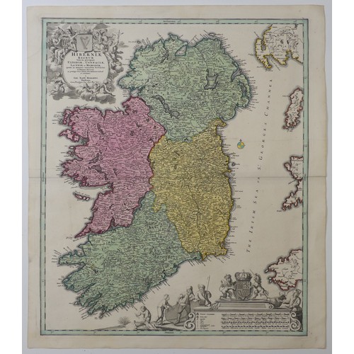 57 - Homann (Johann Baptist, heirs of); 'Hiberniae Regnum....', an early 18th map of Ireland, with contem... 