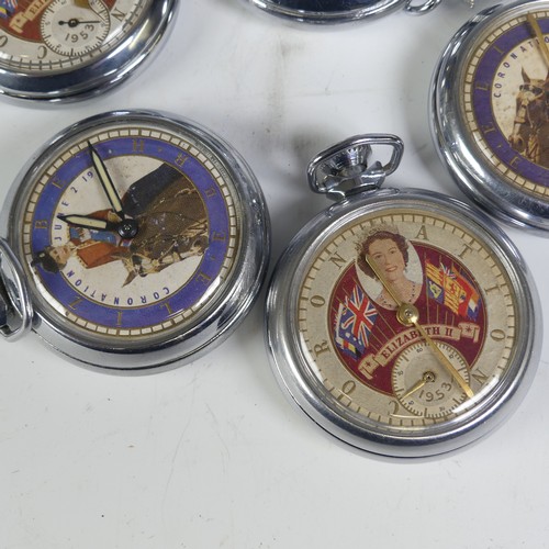 264 - Five 1953 Coronation Ingersoll / Smiths commemorative Pocket Watches, all chrome cased with two dial... 