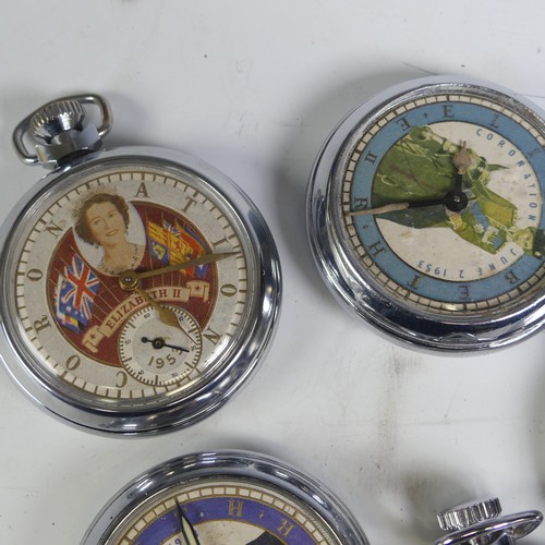 264 - Five 1953 Coronation Ingersoll / Smiths commemorative Pocket Watches, all chrome cased with two dial... 