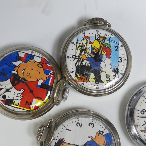 265 - Four vintage American novelty 'Tin Tin' Pocket Watches, two by the E. Ingraham Co., both running, th... 