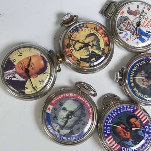 266 - A collection of six vintage novelty American Political history Pocket Watches, including 'McKinley &... 