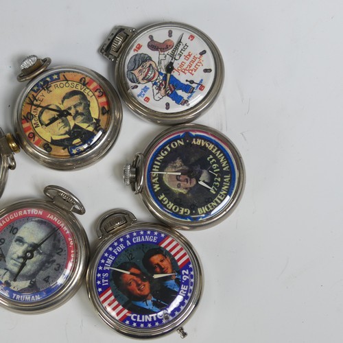 266 - A collection of six vintage novelty American Political history Pocket Watches, including 'McKinley &... 